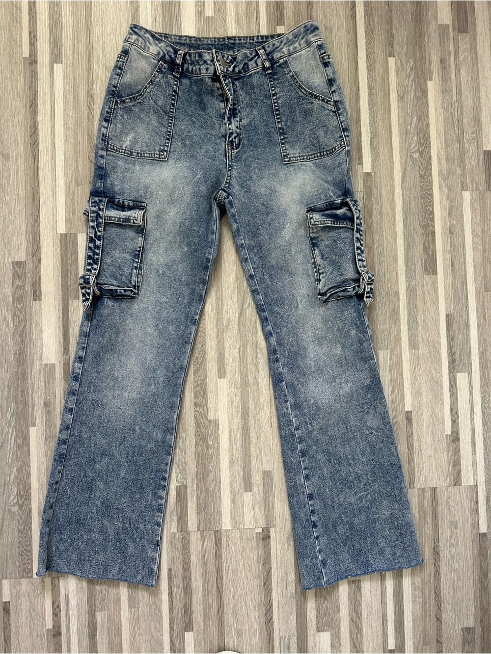 Women's Y2K Style Acid-Wash Cargo Jeans with Pockets – Size XL